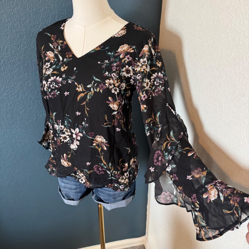 Floral Boho‎ Fairycore Ruffle Sleeve Blouse Byer California XS Black